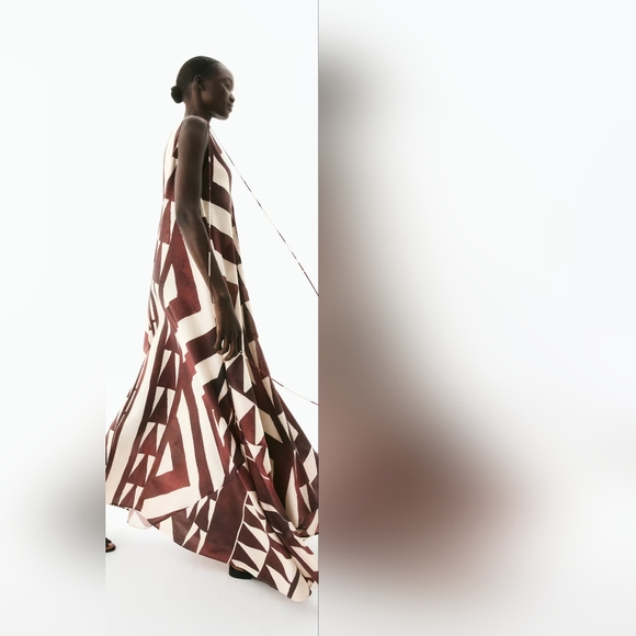 NWT H&M A-line Voluminous Maxi Dress Rust Red/patterned 1294545001 XS S M L - Picture 2 of 11